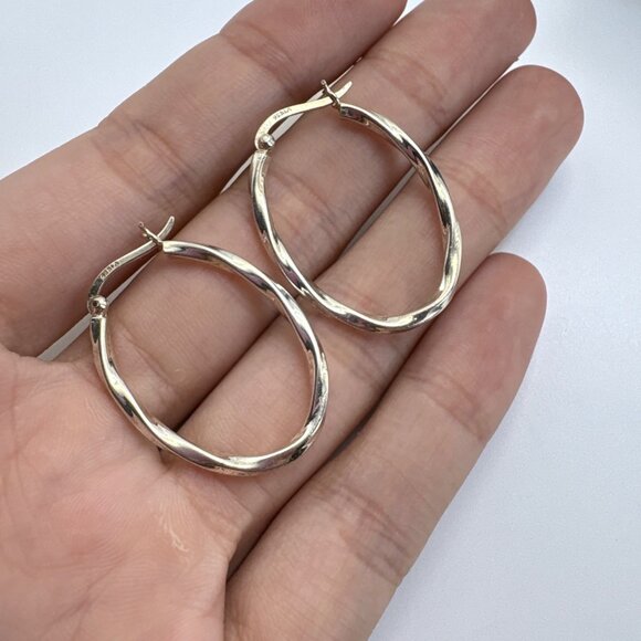 VTG Solid Sterling Silver 925 Elongated Twist Hoop Earrings Size 1.25" Length - Picture 7 of 9
